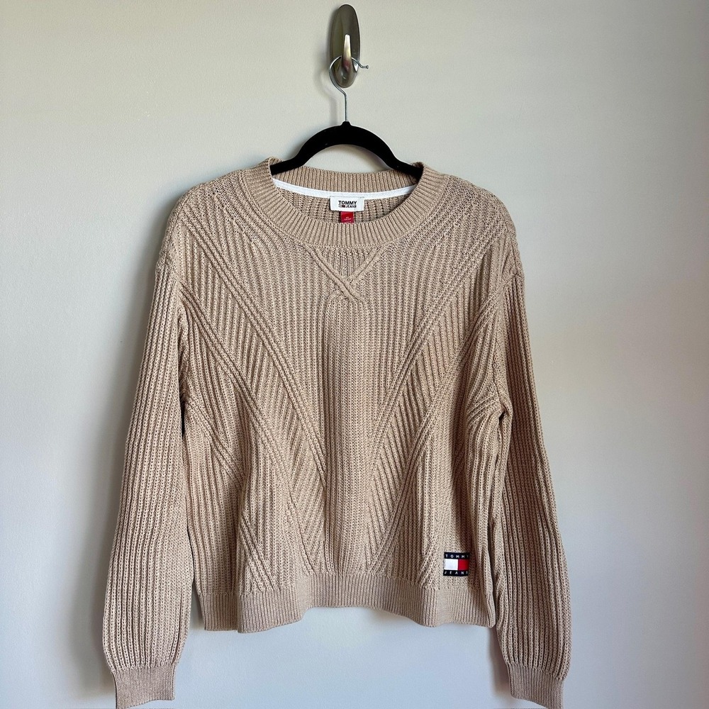 Tommy Jeans Sweater Womens Extra Small Beige Ribbed Crewneck Pullover‎ NWT